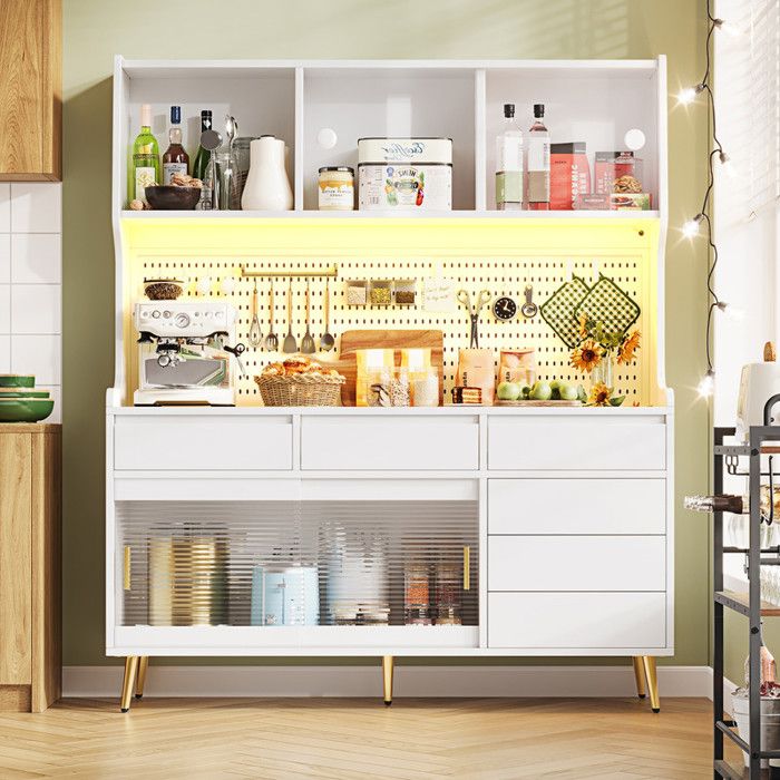 Armoire haute buffet blanc 145×39×171cm éclairage LED contrôlable par application panneau perforé - cuisine et salle à manger