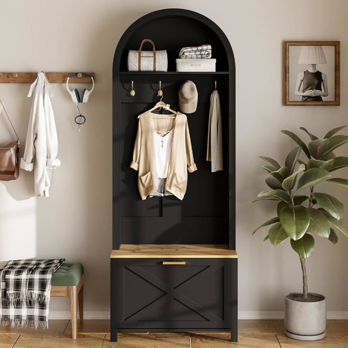Meuble entree 75x35x195 cm multifonctionnelle avec porte-manteaux étagère et range-chaussures Noir & Couleur bois