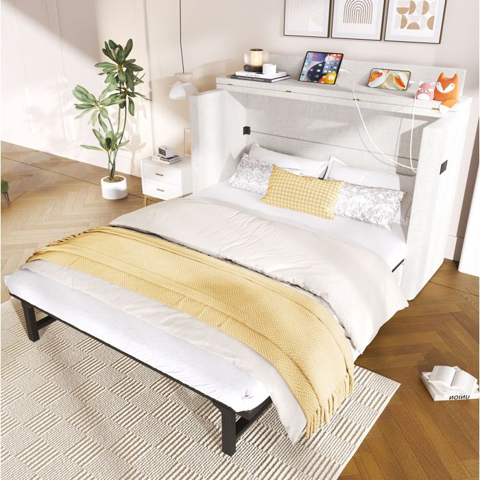 Lit escamotable beige 140 × 200 avec tiroir USB/Type-C étagère sans matelas