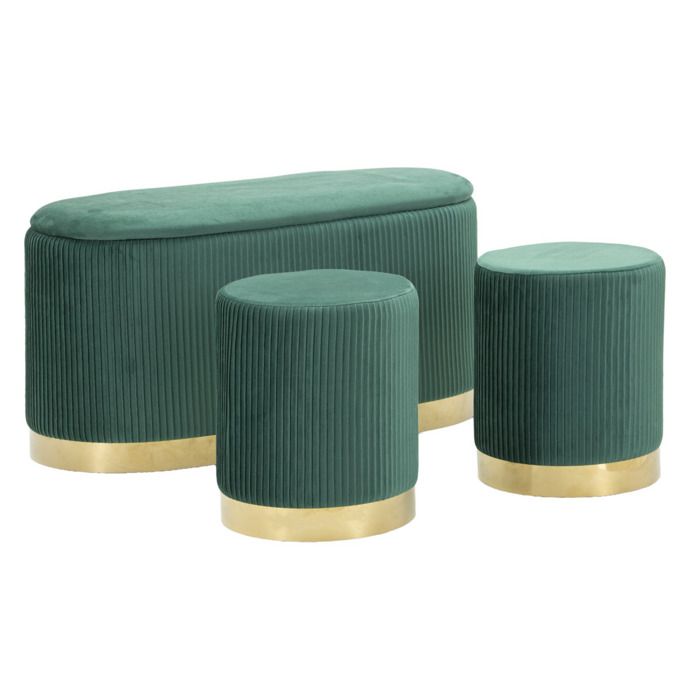 Set 3 pièces Shopy vert : banc de rangement et 2 tabourets en velours côtelé avec base dorée - Réf. VK8681847410270