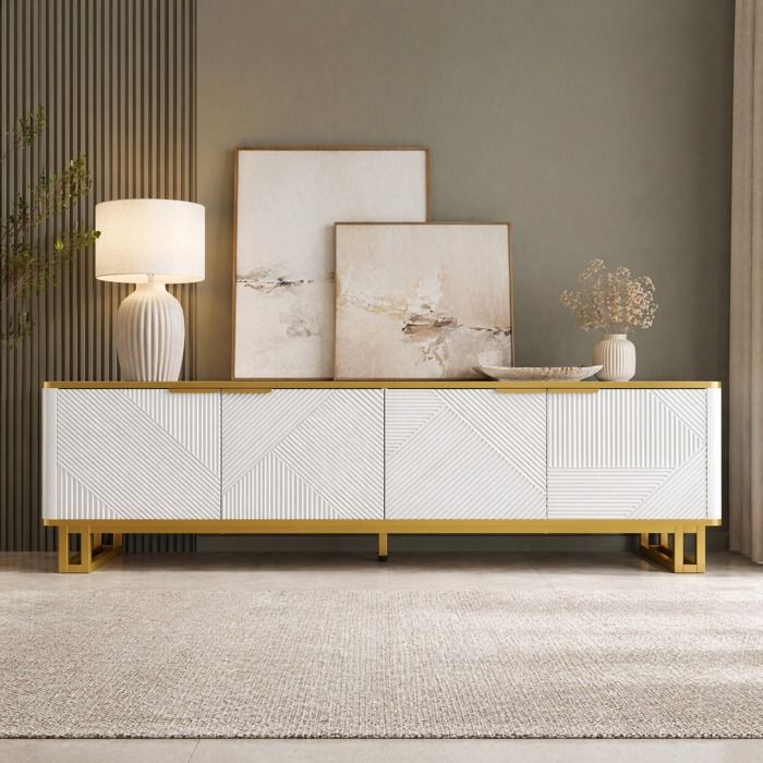 Meuble TV 4 portes avec espace ouvert et passe-câbles - BEAUNIV - Moderne pour salon MDF blanc et doré 160 cm