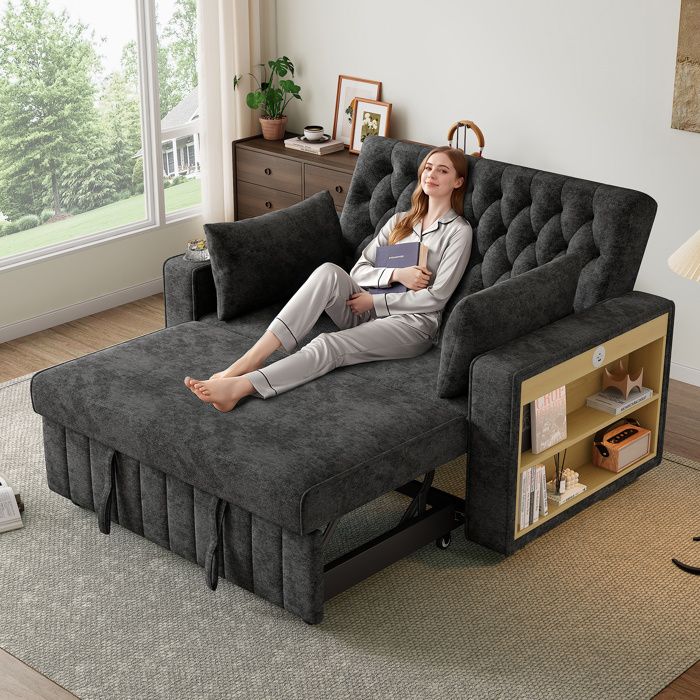 Canapé convertible 2 places gris foncé en chenille dossier 3 positions rangement et ports USB