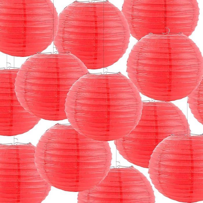 24 Pcs Lanternes Papier Rouge Lampions Papier Chinois 25/20/15/10 cm Suspension Boules Chinoise Papierr Assorties Rouge