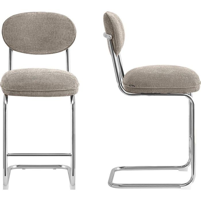 Lot de 2 tabourets de bar en tissu chenille taupe piètement chromé - Lou Lot de 2 tabourets de bar en tissu chenille taupe piètement chromé - Lou