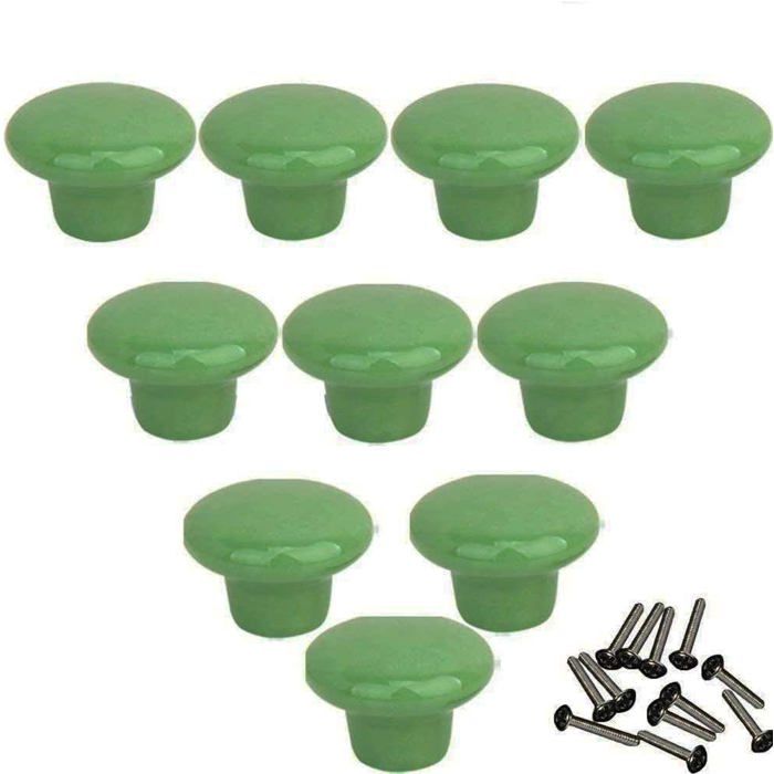 Lot De 10 Boutons De Meuble En Céramique Ronds 32 mm Poignées Pour Tiroir Et Armoire Vert Avec Vis
