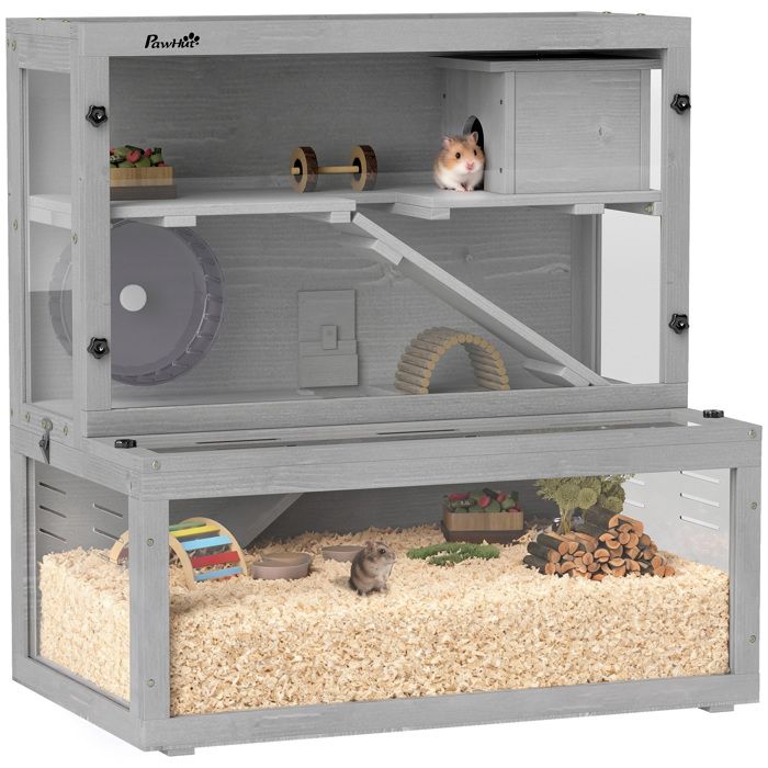 Cage hamster - PawHut - 3 niveaux avec cabane roue rampes panneau transparent espaces séparés - bois - 80x50x84cm - gris Cage hamster - PawHut - 3 niveaux avec cabane roue rampes panneau transparent espaces séparés - bois - 80x50x84cm - gris