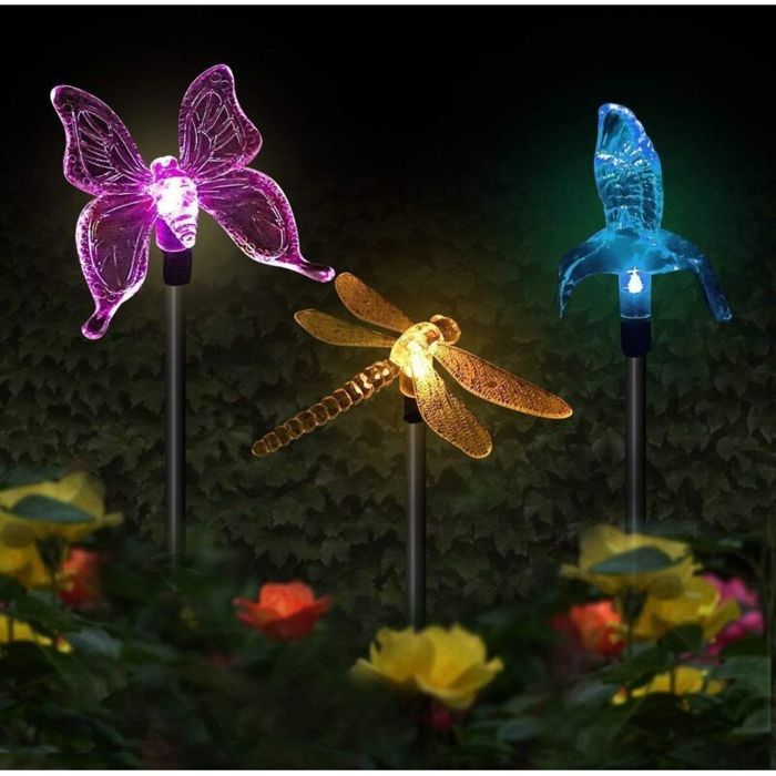 Lot de 3 lampes solaires LED multicolores – Formes papillon colibri libellule – Éclairage automatique 8h – Piquets en acier