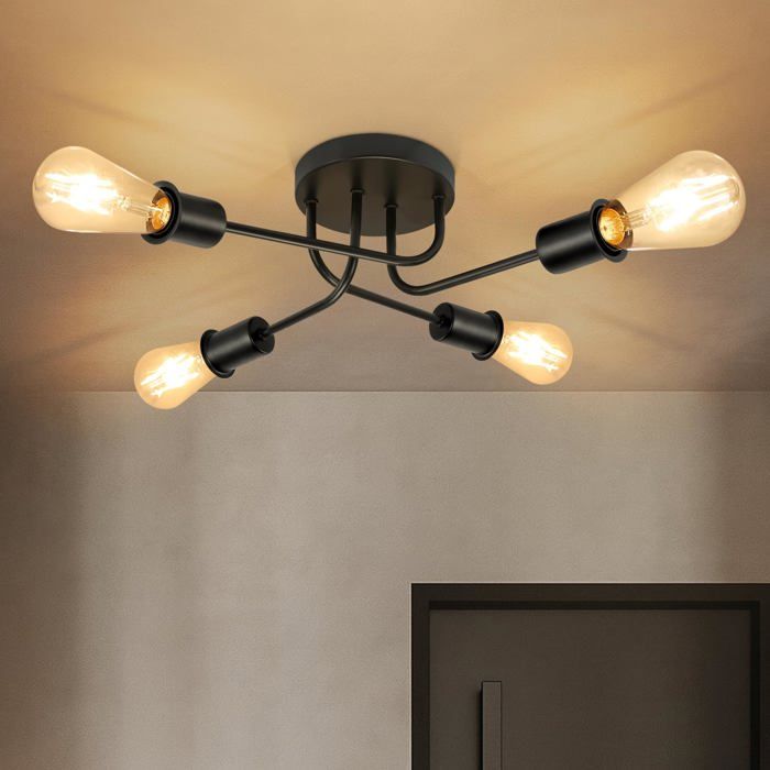 Plafonnier Vintage Noir - Rétro 4 flammes Lampe de salon Industrie E27 pour salon chambre salle à manger Style rustique sans ampou
