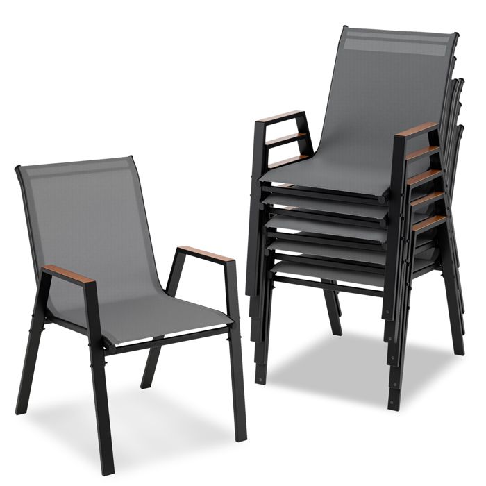 Lot de 6 Chaises de Jardin Extérieur COSTWAY Tissu Respirant Empilables 180kg Chargepour Terrasse Piscine Jardin Gris