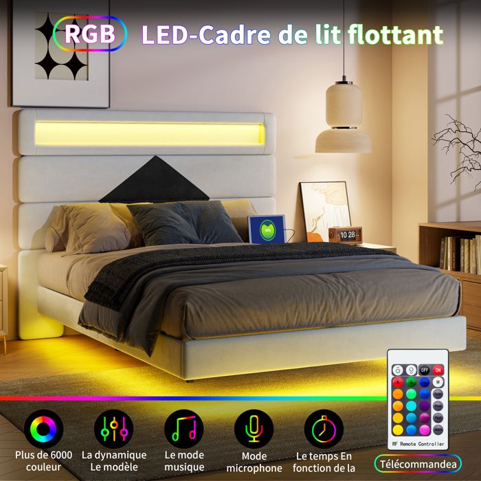 Lit Flottant 140 x 190 avec Sommier Lit Rembourré avec Tête de Lit LED et 2 Ports USB Sans Matelas