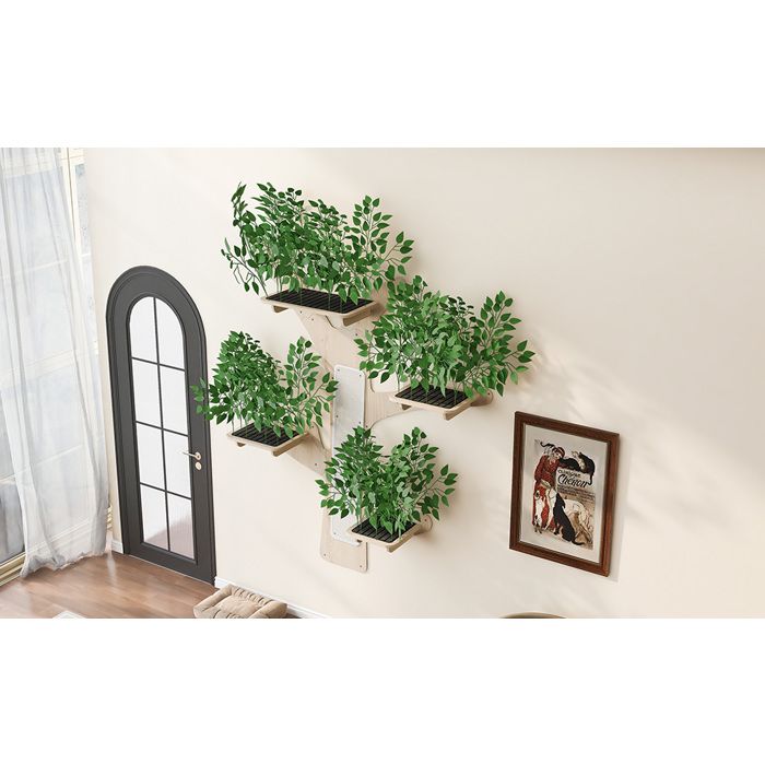 Arbre à chat mural en bois de pin avec plateformes griffoir et feuilles en PE Vert - UVRION 155 × 210 cm