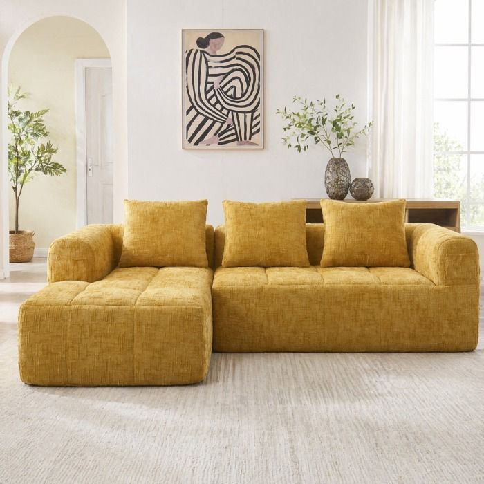 Canapé dAngle 3 Places avec Méridienne Gauche et Poches - TCQPZ - 3 Coussins en Chenille Jaune 250 × 158 × 60 cm