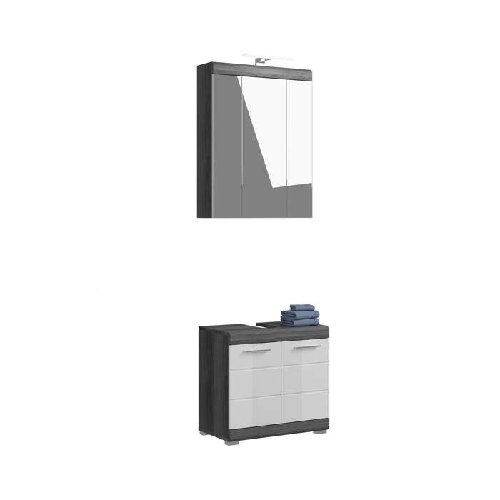 [en.casa] Ensemble de meubles de salle de bain Scout 60 x 34 x 191 cm blanc brillant et argent fumé