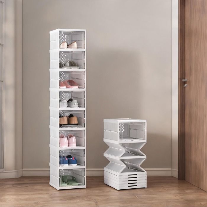 Rangement à chaussures pliable en plastique blanc - Lot de 8 compartiments empilables avec porte transparente et aération
