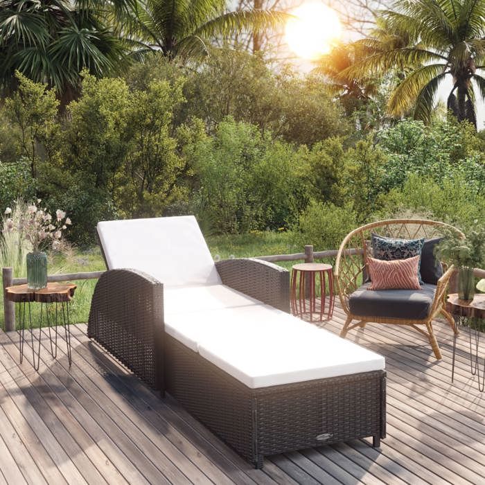 Chaise Longue avec Coussin Noir 201 x 67 x 285/51/53/67 cm en rotin PE et tissu avec dossier réglable multi-positions 470909
