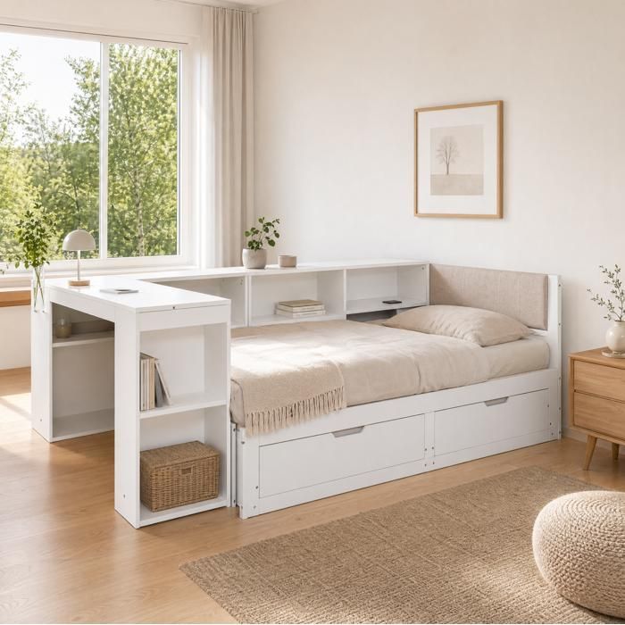 Lit combiné extensible 90 × 200 et 180 × 200 cm bureau 2 tiroirs et prise EU - MEUNIQ - sans matelas bois blanc mat