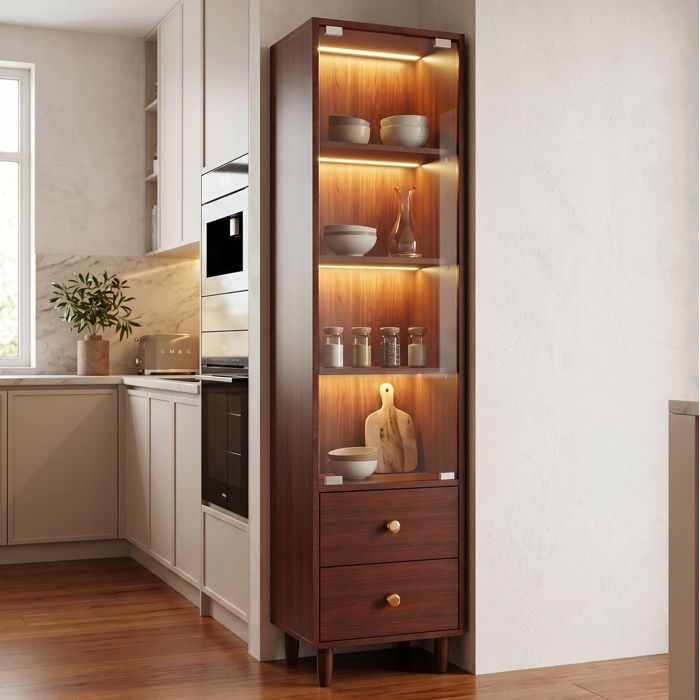 Vitrine Buffet Haut avec 1 Porte Vitrée 2 Tiroirs et LED pour Salon ou Salle à Manger en MDF et Verre 40×35×165 cm Marron