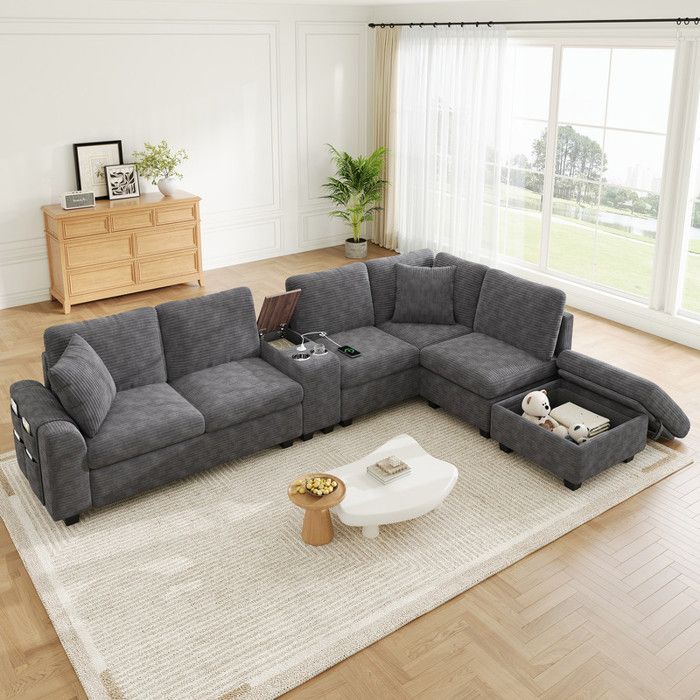 Canapé dangle modulable en forme de U ou de L Canapé  6 places avec 1 pouf avec coffre de rangement Velours Côtelé Gris