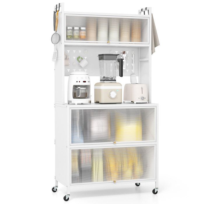 Rangement pratique étagère de cuisine 5 niveaux meuble micro-ondes avec LED et portes rabattables blanc