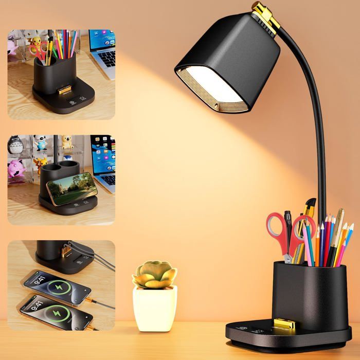 Lampe De Bureau Led Avec 2 Ports De Charge Usb Lampes De Bureau Pour Bureau À Domicile 2 Porte-Stylos Lampe DÉtude Légère P[BI83]