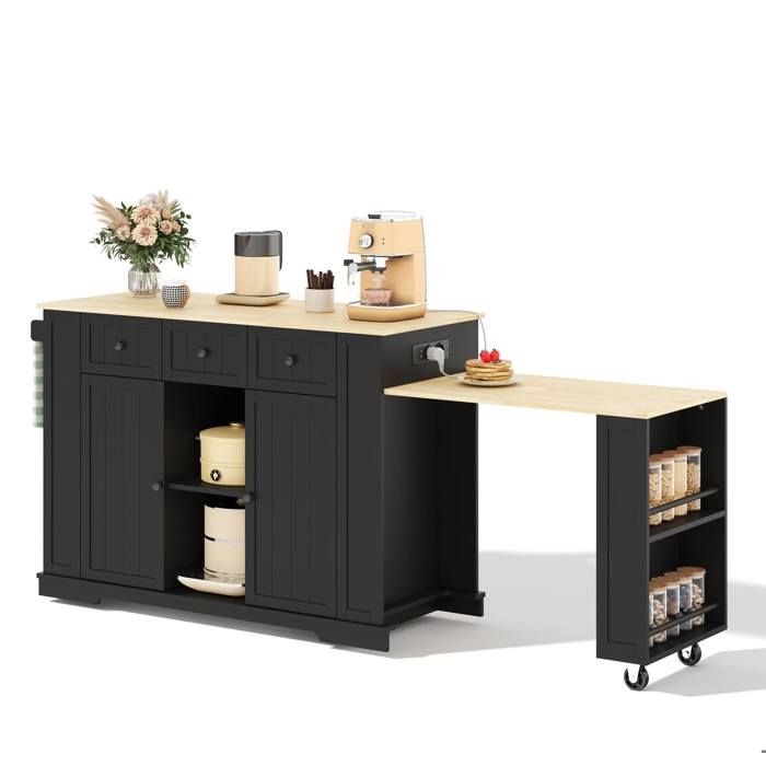 Îlot cuisine avec table repas extensible bar coulissant 7 roues étagères réglables et rangements 138/213x55x93cm