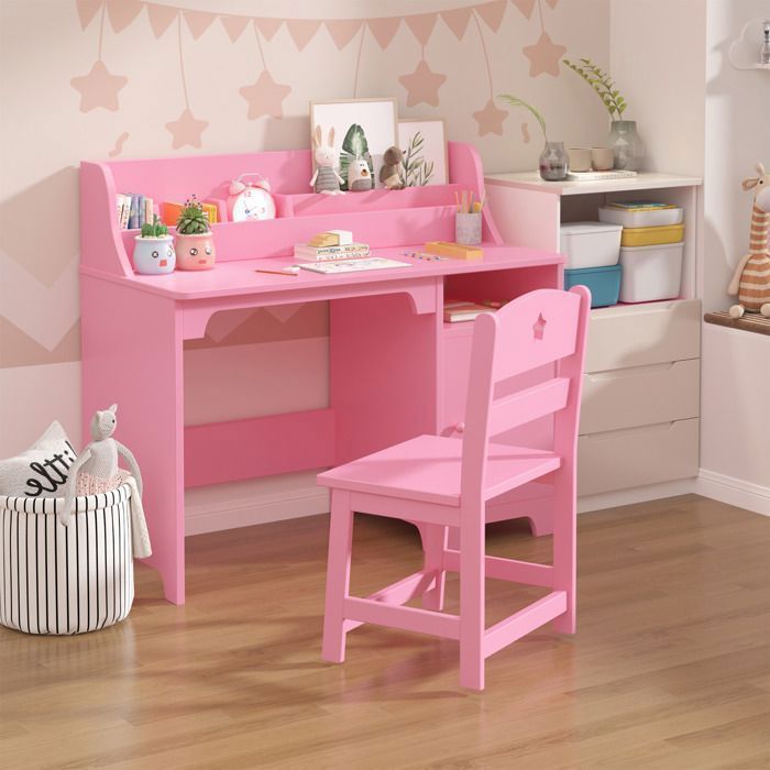 Bureau Enfant avec Chaise – Rangement : Étagère et Placard Bois Idéal pour Étude/Chambre L895xP46xH78cm-rose