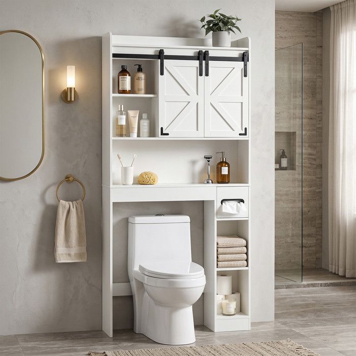 Meuble WC au-Dessus des Toilettes - ALIGHTUP - 2 Portes 2 Étagères + Rangement Latéral Porte-Papier 80 x 22 x 177 cm Blanc