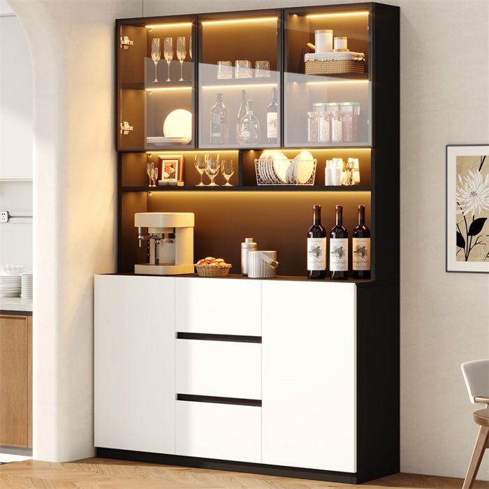 Vitrine 120x38x200cm - Buffet vaisselier 2 portes en verre trempé gris fumé LED et 3 tiroirs - Noir et blanc Vitrine 120x38x200cm - Buffet vaisselier 2 portes en verre trempé gris fumé LED et 3 tiroirs - Noir et blanc
