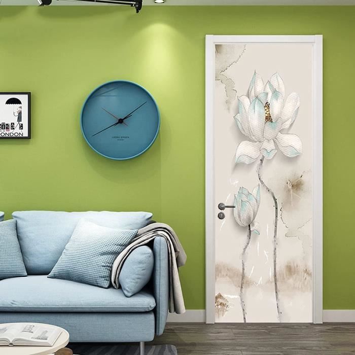Autocollants De Porte 3D – Papillon Floral Blanc Sur Fond Rose – 90 X 200 Cm – Auto-adhésif, Imperméable, Amovible – Pour Chambre, WC, Entrée