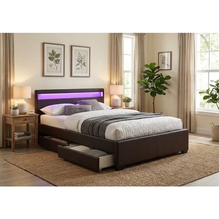Lit adulte 160x200 cm noir avec tiroirs LED sommier inclus