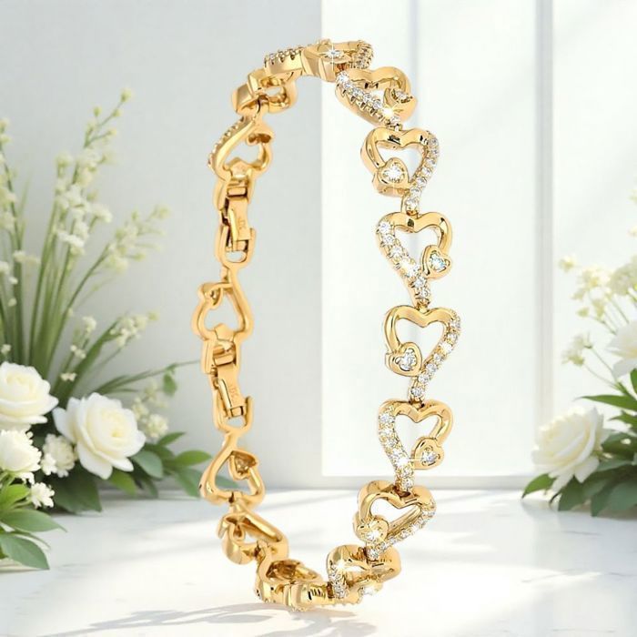 Bracelet - Cœurs - Zircons – Élégance - 19 cm - Plaqué Or Jaune 750/1000 - Femme