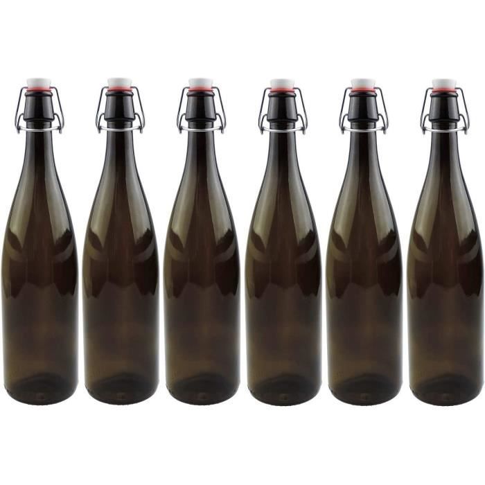 6 Bouteilles Verre 1L Avec Bouchon Porcelaine - Marron - Étiquettes