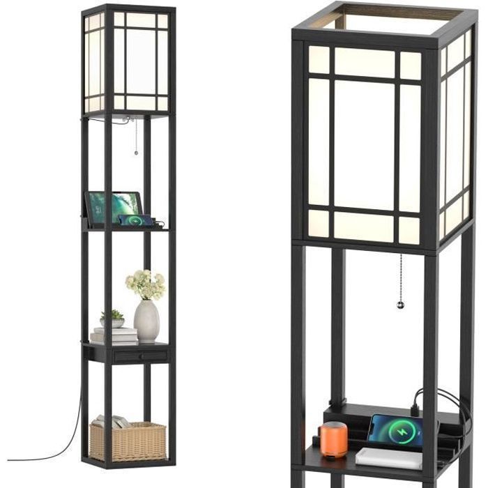 COSTWAY Lampadaire Salon 1 6M en Bois avec 2 Ports USB 1 Tiroir et 3 Etagères de Stockage Etagère de Présentation pour Chambre 60W