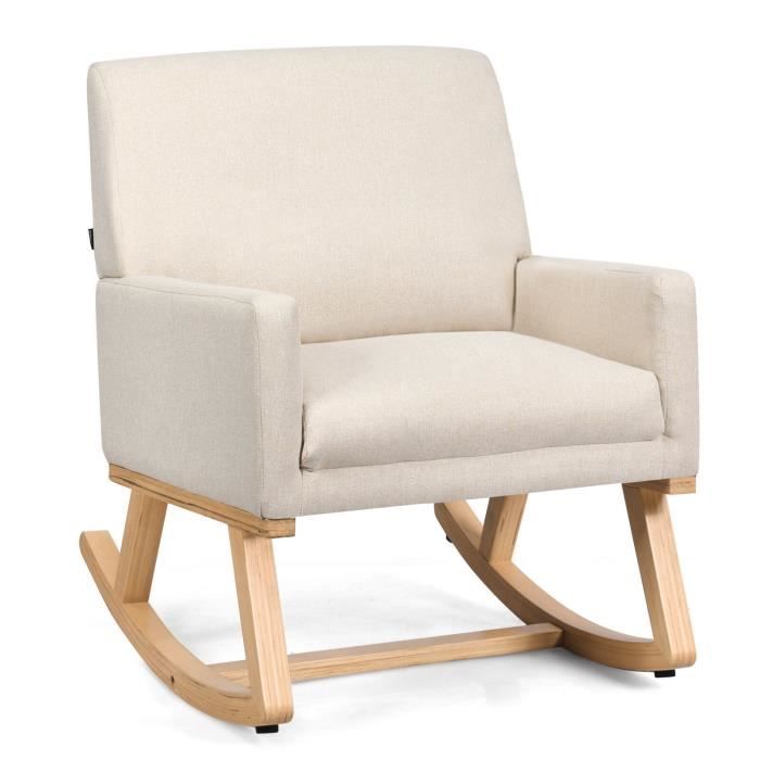 fauteuil à bascule - costway - beige - base en bois massif - dossier et accoudoirs ergonomiques