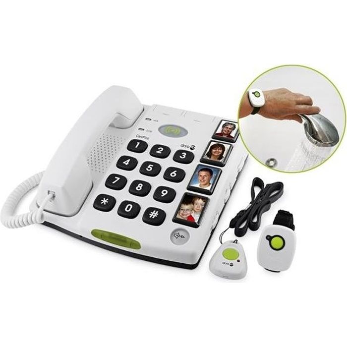 Téléphone filaire - DORO - Care Secure + 347 - Larges touches avec mémoires avec photo - Appel d'urgence - Blanc