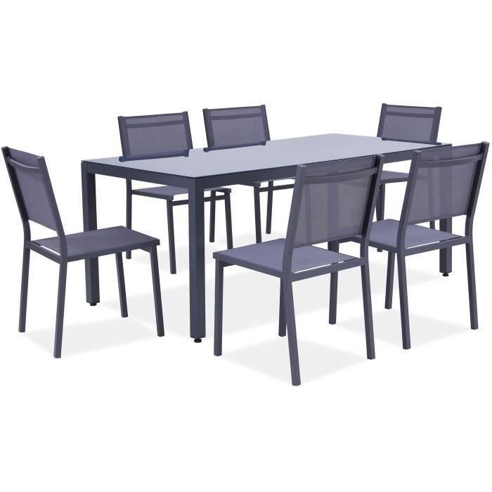 Ensemble repas de jardin 6 personnes Aluminium - Table avec plateau en verre 180 x 90 cm + 6 chaises et assise textilène - Gris