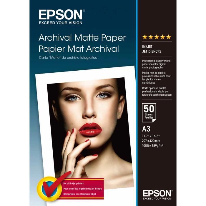 EPSON Papier 50 feuilles mat Archival - A3 189g/m² - 29,7 x 42 cm - Compatible : SureColor SC-T7200D, SureColor SC-T7200 …