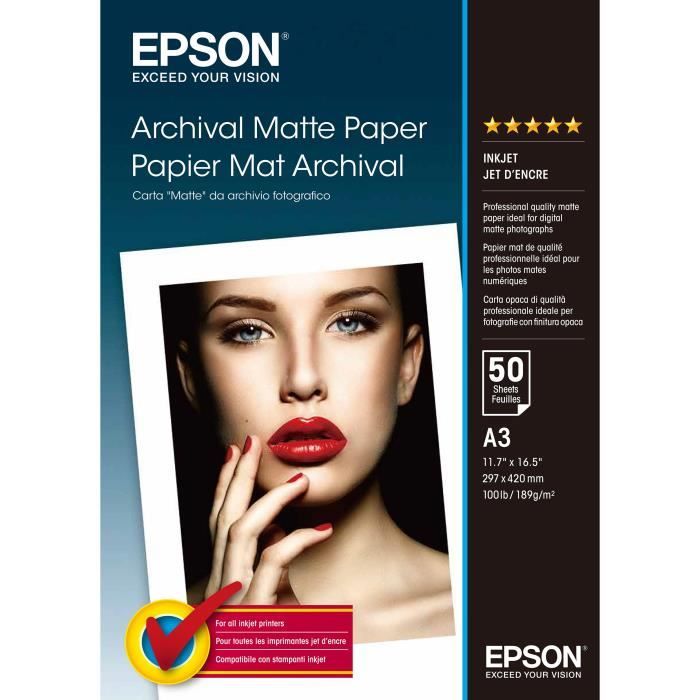 EPSON Papier 50 feuilles mat Archival - A3 189g/m² - 297 x 42 cm - Compatible : SureColor SC-T7200D SureColor SC-T7200 …