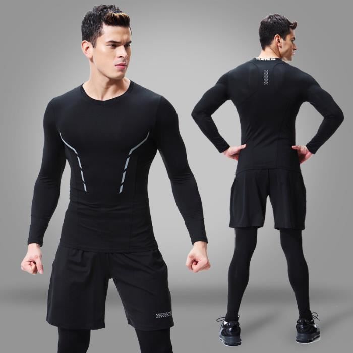 Ensemble de Vêtement Sport Homme - Fitness Running - Noir - Respirant -  Manches Courtes Noir - Cdiscount Sport