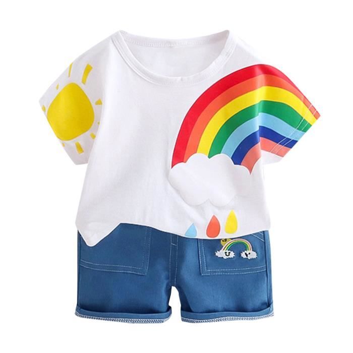 T Shirt A Imprime Arc En Ciel De Dessin Anime Pour Bebe Pour Enfants En Bas Age Jeans Shorts En Jean Tenues N Blanche Cdiscount Pret A Porter