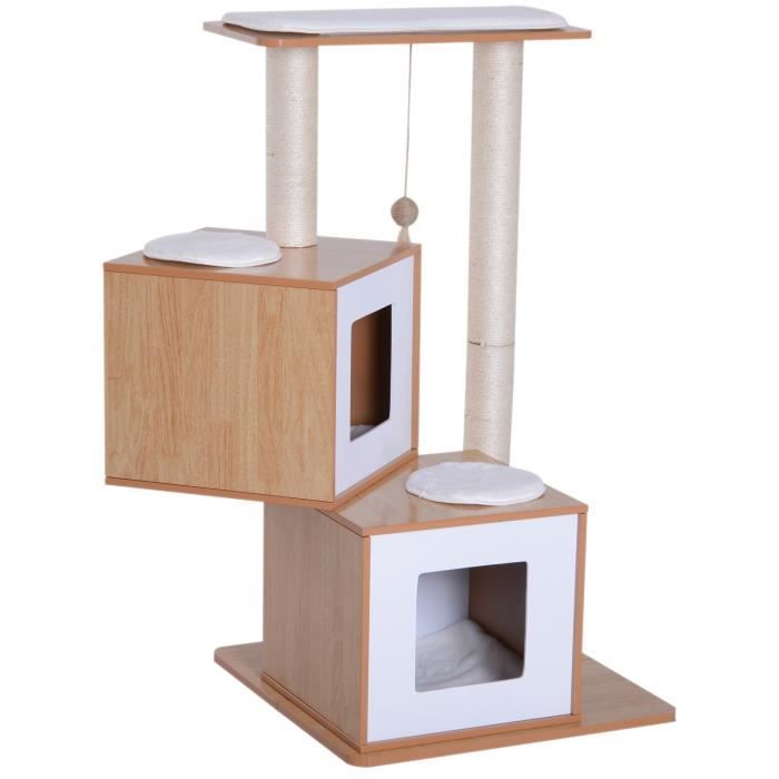 Arbre à Chats Design Contemporain Griffoirs Grattoirs Sisal Naturel Niches Plate Formes Jeu Boule Suspendue 56l X 56l X 102h Cm Mdf