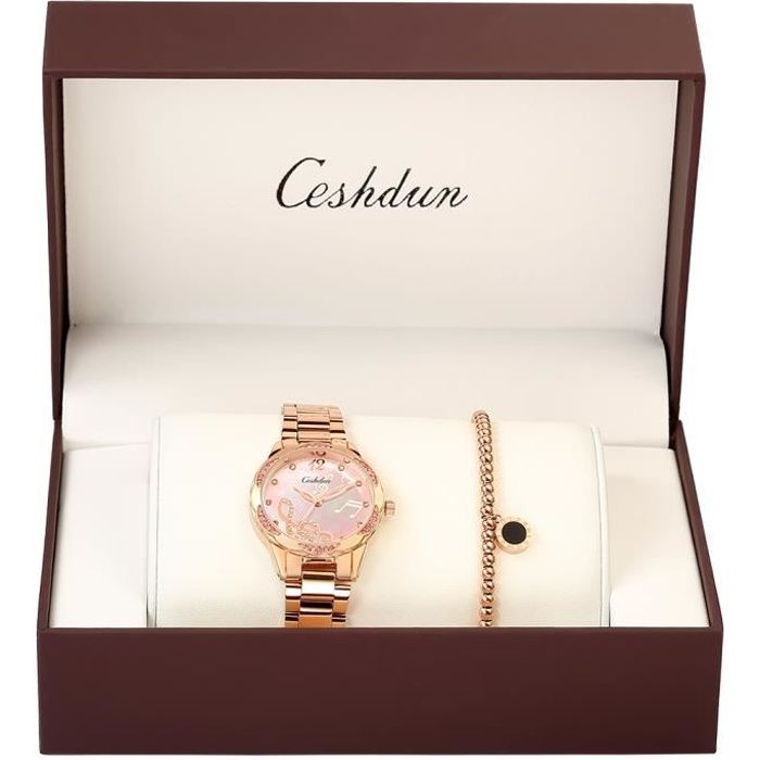 CESHDUN Coffret Cadeau Montre Femme + Bracelet Femme Titane Etanche Marque Vintage - Acier- Or Rose