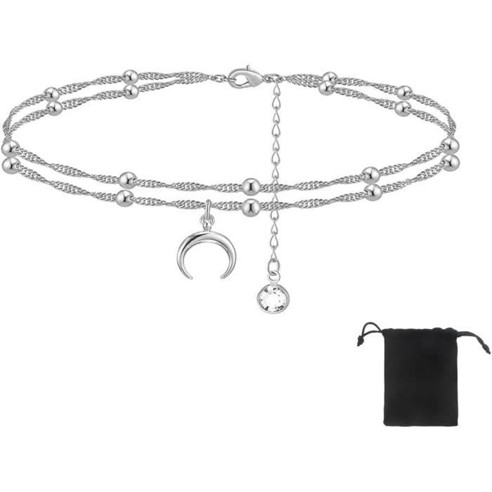 Bracelet De Cheville Femme Argent 925 Et Cristaux - Ajustable, Longueur 20+5 Cm, Cadeau élégant