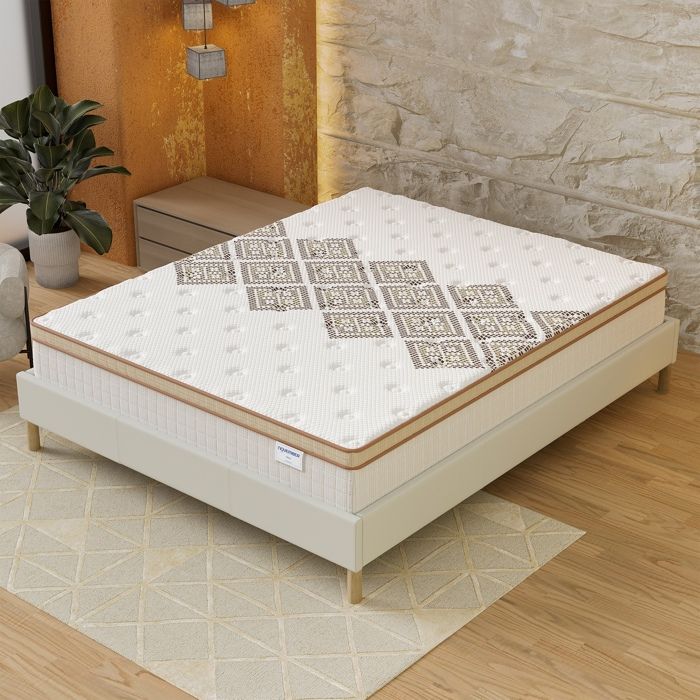 Ensemble matelas + Sommier (140x190cm)- Errakis Ressorts ensachés & Mousse Hdensité Ép 28cm + Sommier Bois stable Tissu Blanc