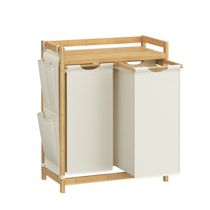 Panier à Linge en Bambou Capacité de 100 Litres avec Étagère 2 Compartiments Poches Latérales 2 x 50 L 63 x 33 x 78 cm Blanc