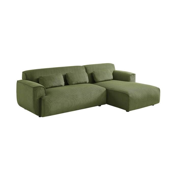 Canapé dangle droit. 2 à 3 places. velours côtelé vert. Wallas L 196 x P 151 / 91 / x H 73cm