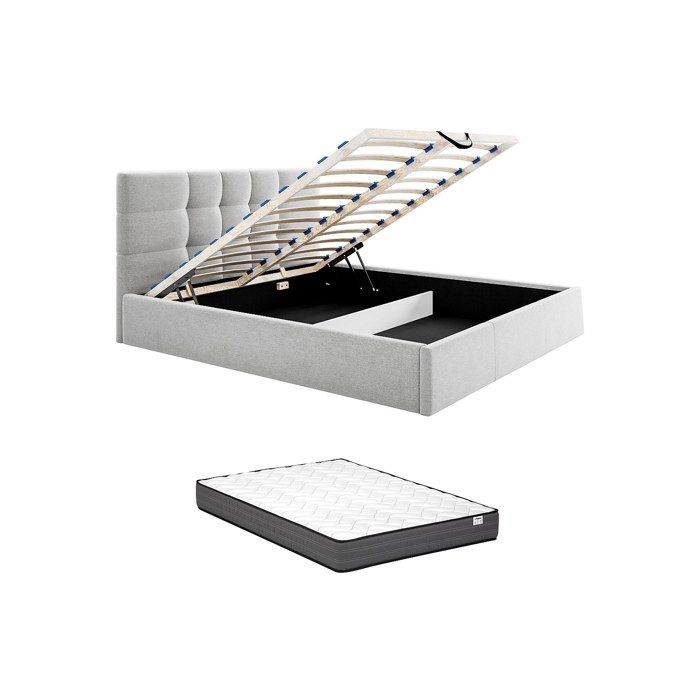 Lit coffre 140 x 190 cm - Tissu - Gris + Matelas - ELIAVA