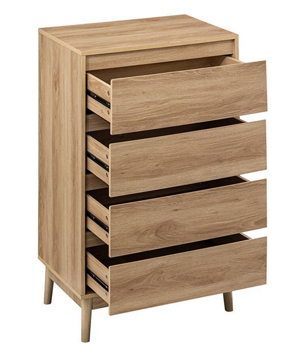 Commode Couleur bois de noyer, 4 tiroirs, grand espace de rangement, B60 x H91 x T34 cm, motif grain bois, pour salon et chambre - style bohèm Commode Couleur bois de noyer, 4 tiroirs, grand espace de rangement, B60 x H91 x T34 cm, motif grain bois, pour salon et chambre - style bohèm