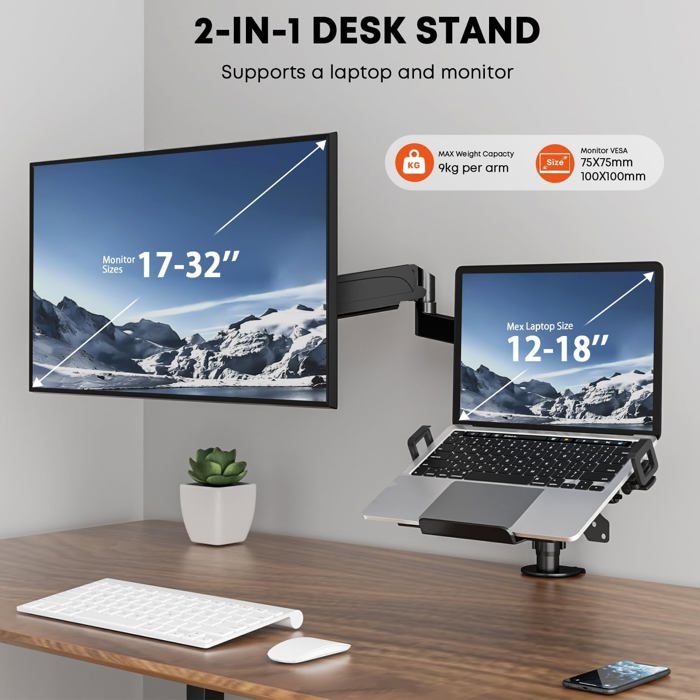 PUTORSEN Bras De Moniteur Avec Plateau Ordinateur Portable 2 En 1 - Support Double Écran 17-32" Et PC Portable Jusqu'à 18" Jusqu'à 9kg