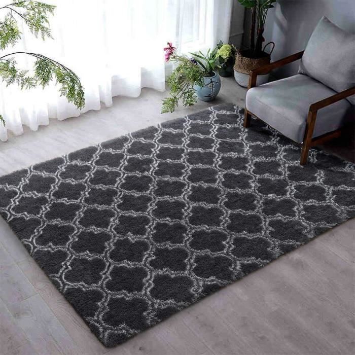 JURLEA Tapis d'intérieur doux et moelleux pour salon, tapis en fourrure lisse, antidérapant, chambre d'enfant (noir, 80 x 120 cm